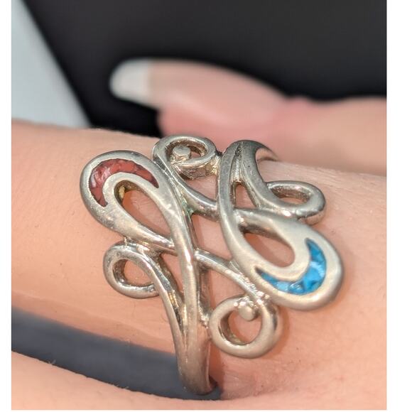 Vintage Silver Tone Crushed Stone Inlay Swirl Design Ring Size 8.5 - Picture 1 of 4